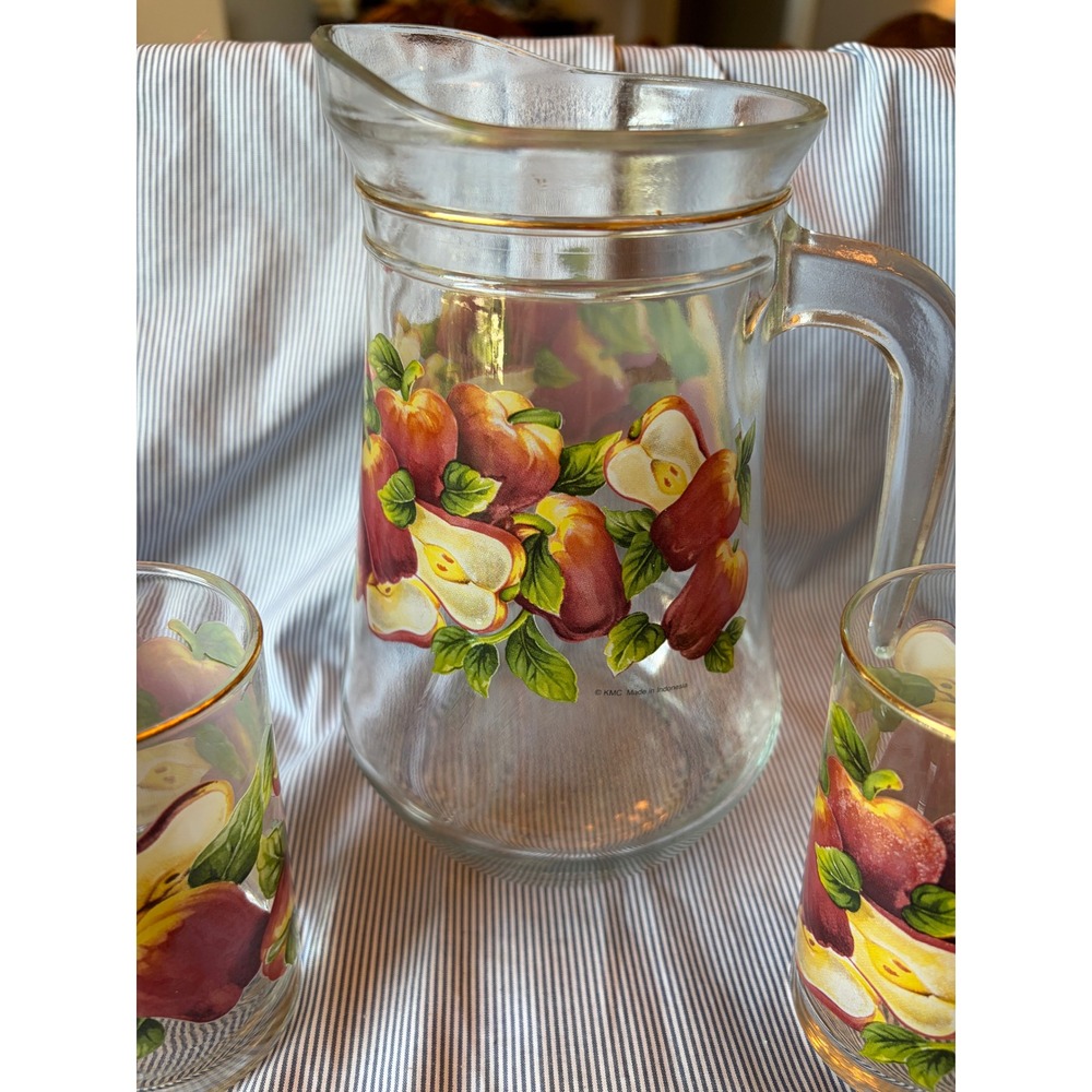 Vintage KMC Indonesia Glass Pitcher and 6 Tumbler Set Apple Fruit Gold Rim